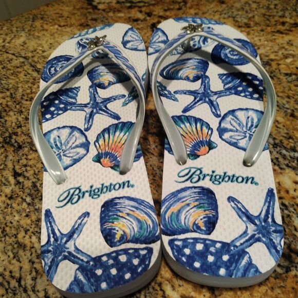 BRIGHTON Summer Shelly Starfish Turquoise White Rubber Flip Flops Women's 8 - Picture 5 of 6